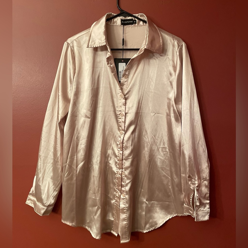Pretty Little Things Button Down Champagne Satin Blouse